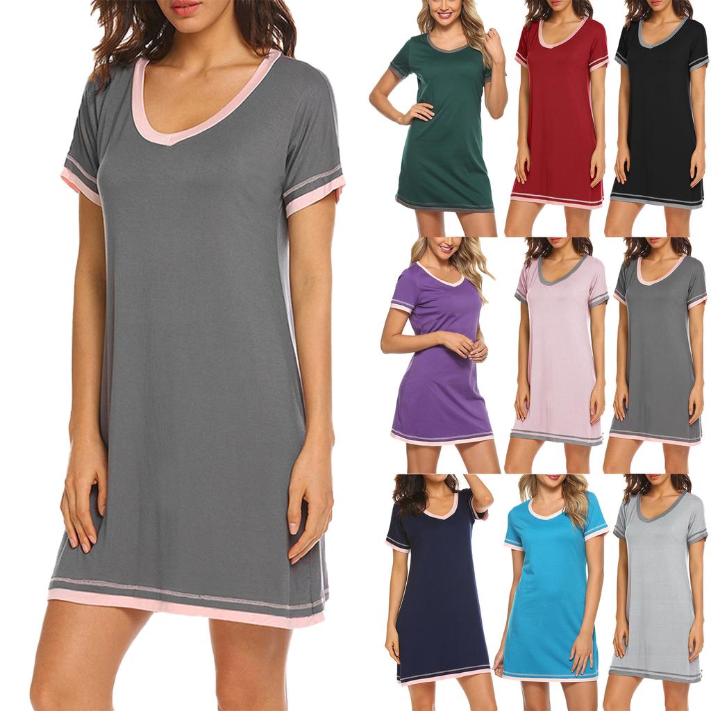 Dámské jarní a letní šaty s kulatým výstřihem, barevně kontrastně sešívané, volného střihu, s krátkým rukávem, středně dlouhé