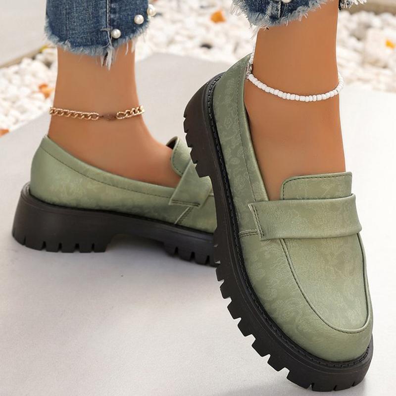 Fashion Fashion Green Stain Loafers Shoes Women 2025 Round Toe Embroidery Shoes for Woman Plus Size Platform Casual Shoes Ladies