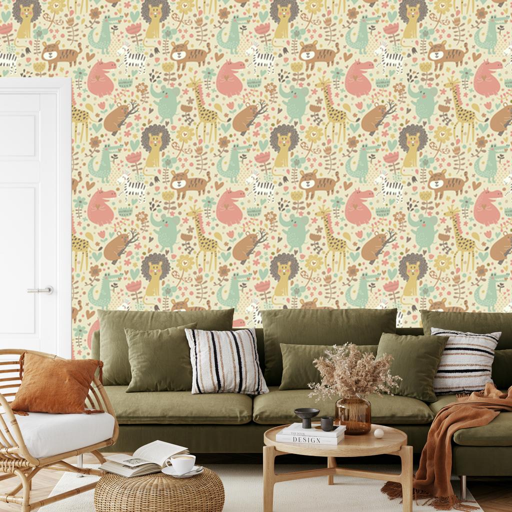Safari Wallpaper Elephants Lions Zebras Plants for Living Room and Bedroom 50x1000