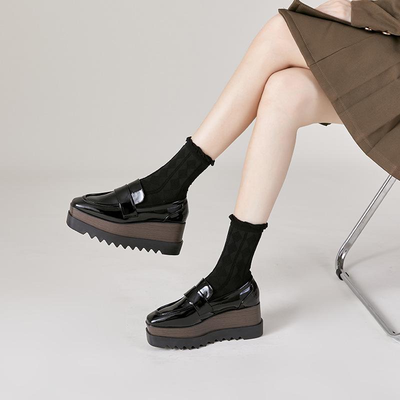 British Step Matsuke Shoes Thick Sole 2024 New Square Head Slope Heel Shoes Shoes Versatile HZB