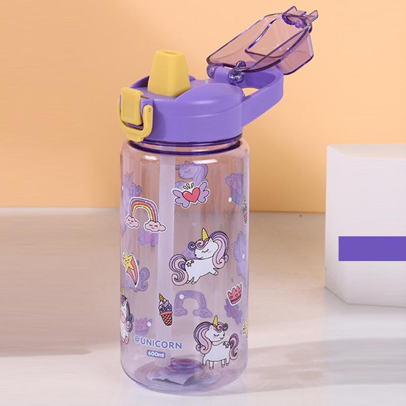 Bottiglia d'acqua per bambini da 600 ml con cannuccia, borraccia portatile anti-caduta per studenti con cartone animato di animali, bollitore per bevande per bambini piccoli