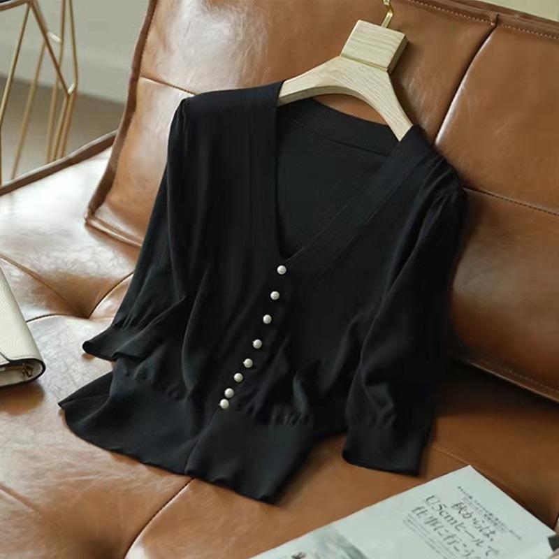 Women's Summer Mid Sleeved V-neck Temperament Ice Silk Knitted Sweater T-shirt Top