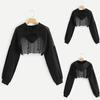 Women Solid Cutout Mesh Insert Cropped Hoodie Sweatshirt Long Sleeve 