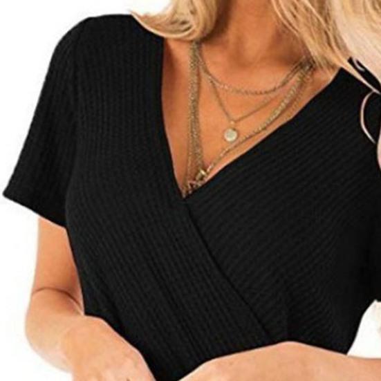 Women Tops Short Sleeve V-Neck Pleated Hem Tee Shirt Solid Color Draped