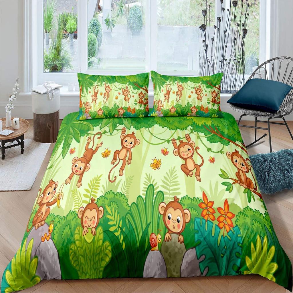 Cute Monkey Bedding Set Full Twin Cartoon Banana Stars Duvet Cover Tropical Wild Animal Fruit Comforter Cover Yellow Quilt Cover