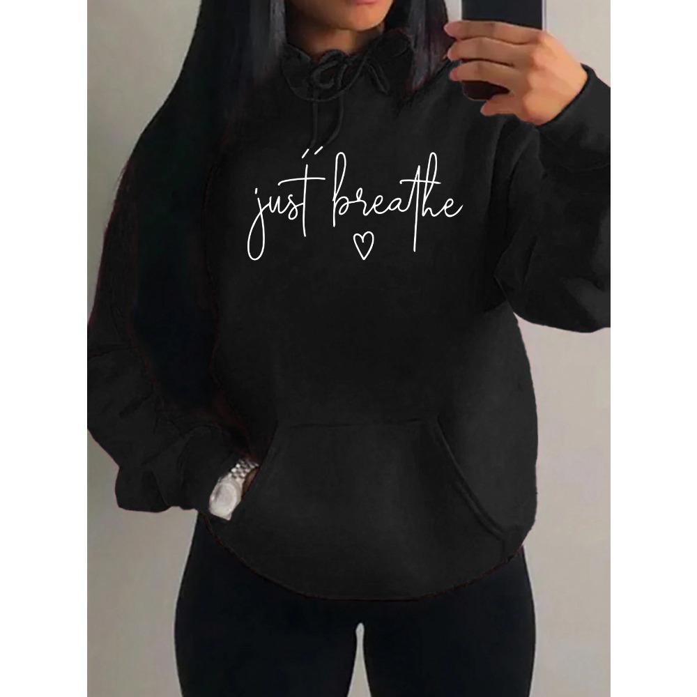 Just Breathe Love Art Letter Design Women Hoody Trendy Fleece Hoodie Autumn Pocket Hoodies Multicolor Soft Streetwear
