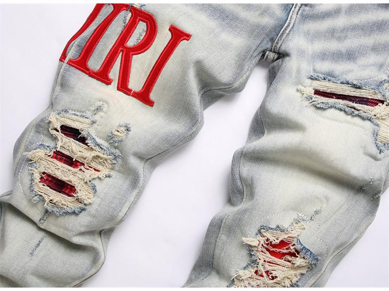 AM Jeans europeni retro pentru bărbați, ușor rupți, slim-fit, elastici 3835