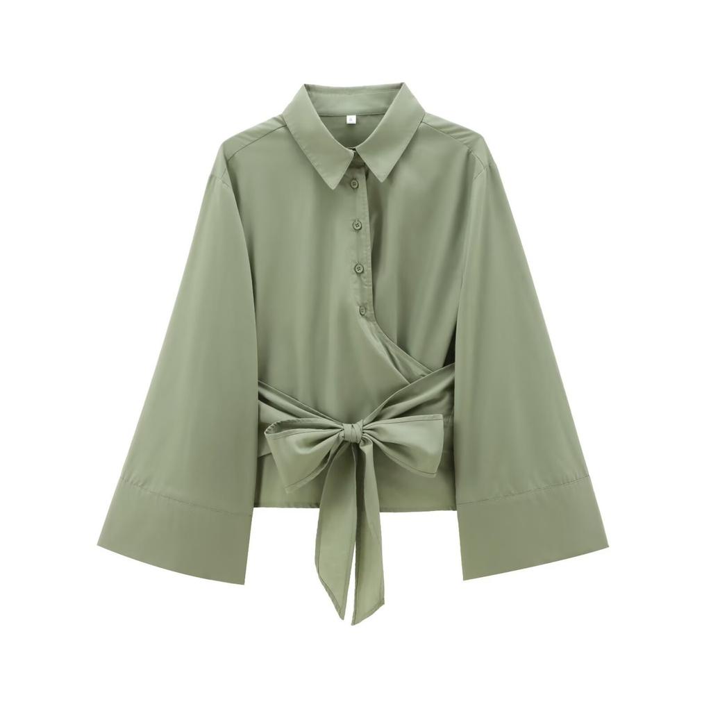 New Women's Fashion Casual Polo Neck Bow Tie Up Short Edition Double Breasted Poplin Shirt