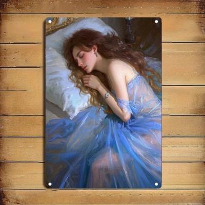 Elegant Sleeping Beauty Metal Wall Art  Vintage Iron Sign with Blue Dress  Gold Accents for Home Cafe Bar Bedroom Wall D
