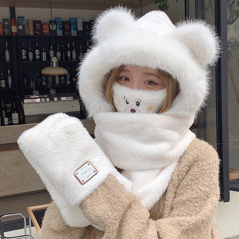 Korean Cute Plush Three-piece Set for Women's Autumn and Winter New Scarf Gloves Hat Integrated Plus Velvet Cold Proof and Warm Hat
