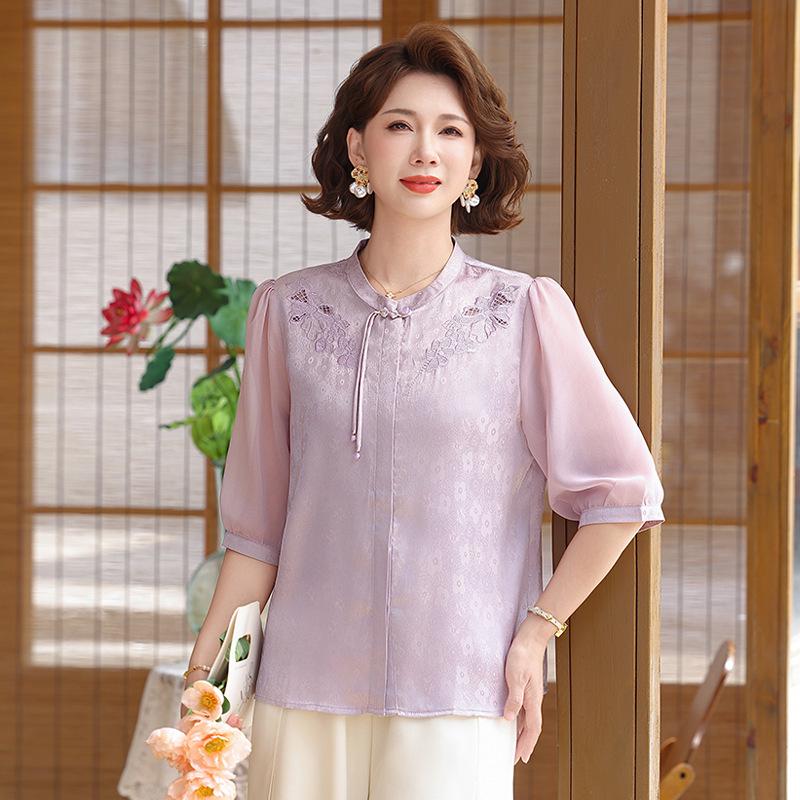 Chinese-Style Summer Top for Mothers: Lightweight, Seven-Point Sleeves, Plus Size, National Style, Ideal for Middle-Aged and Elderly Women