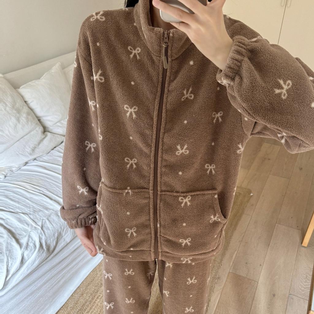 Winter Pajamas Women's Cute Plush Thick Zipper Warm Home Clothes Set