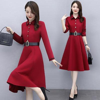 Plus Size Long Sleeve Women's Dress Slimming Waist Design Spring Autumn Style Shirt Dress for Plump Sister Medium Length