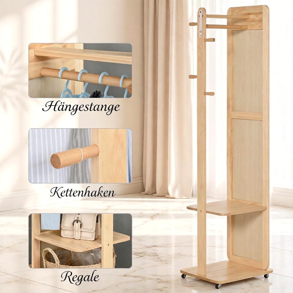 Eleganter Schminkspiegel, Freistehender Spiegel mit Kleiderstange, Kompakte Spiegel-Garderobe-Kombination, Mobiler Spiegelständer