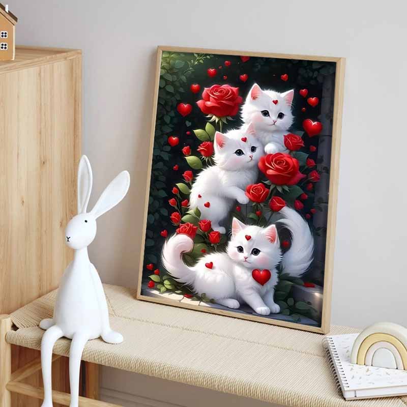 White Cat and Flowers Diamond Painting Set, 5D DIY Full Diamond Gemstone Cross-stitch Painting, Decorative Wall Mural Ornaments