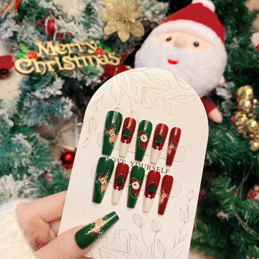 Girls 24pcs Christmas Wearable Press On Nail Patch Santa Claus Elk Snowman Cartoon Print Fake Nails Women Artificial Wear Nails