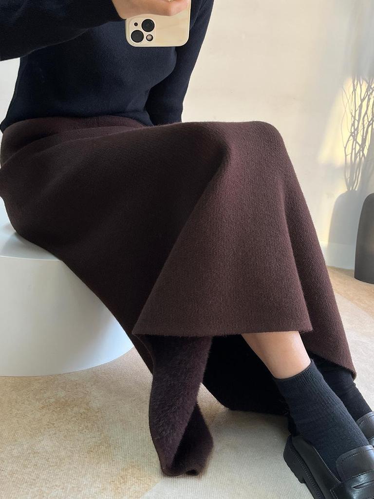 Women's Winter Velvet High Waist Knit Midi Skirt - Thick, Slit, Loose Fit, Bodycon