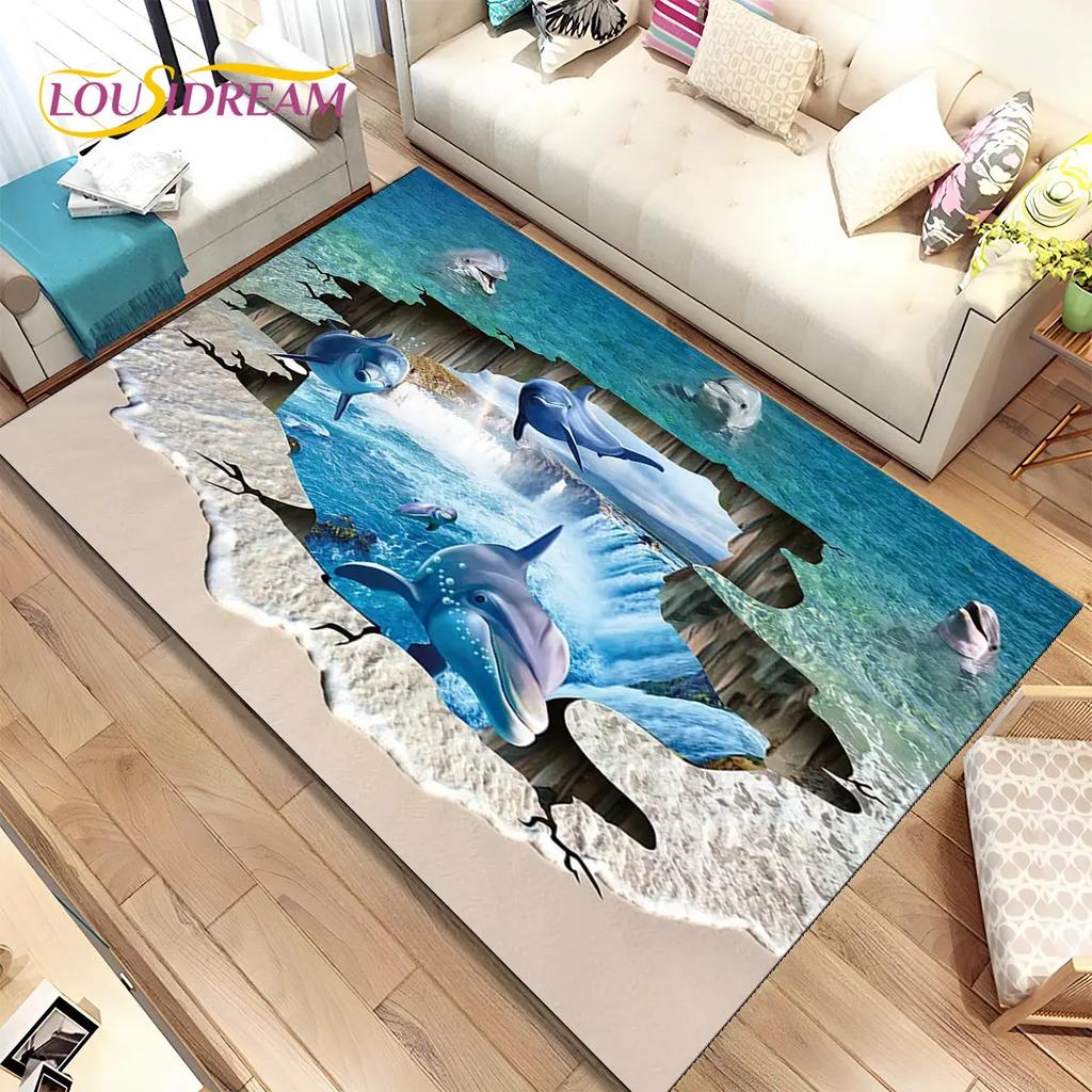 3D Illusion Seabed Underwater World Dolphin Shark Area Rug,Carpet Rug for Living Room Bedroom Sofa Doormat,Non-slip Floor Mat
