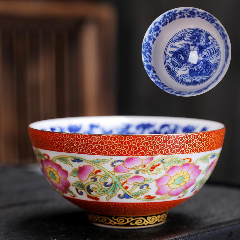 Ceramic Enamel Color Tasting Single Blue and White Douli Japanese Style Filigree Tea Bowl Kung Fu Master Cup Gift Bo