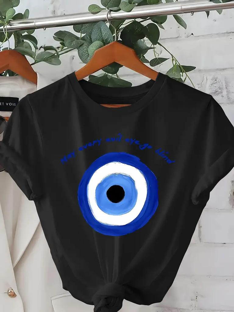 Evil Eye Graphic Print TShirt Soft Breathable Short Sleeve Crew Neck Casual Top Ladies Graphic T Shirts Lightweight Tee