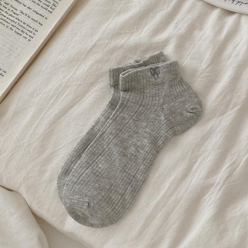 Versatile Embroidery Simple Socks Korean Socks Girl Thin Cotton Shallow Mouth Solid Color Bow Boneless Breathable