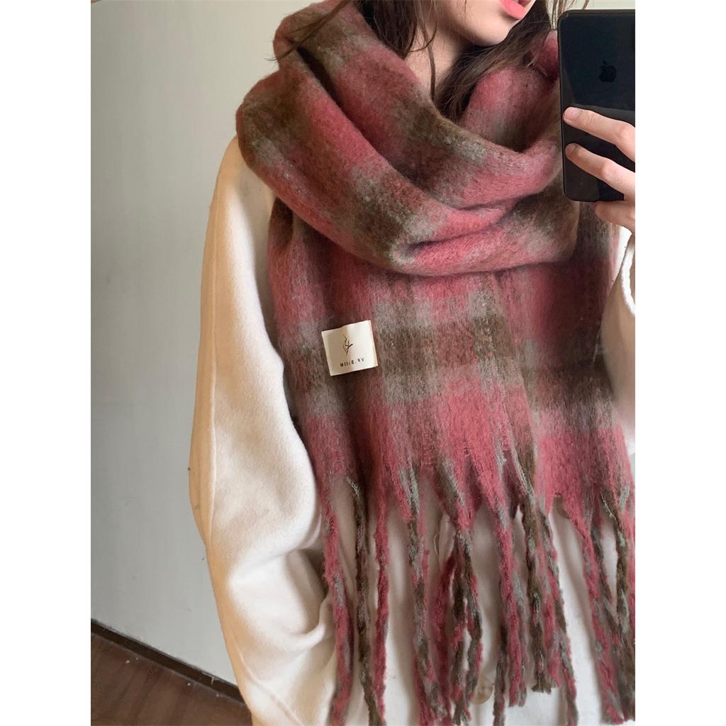 A Thick Long Korean Style Versatile and Warm Autumn and Winter Checkered Tassel Shawl with Mohair