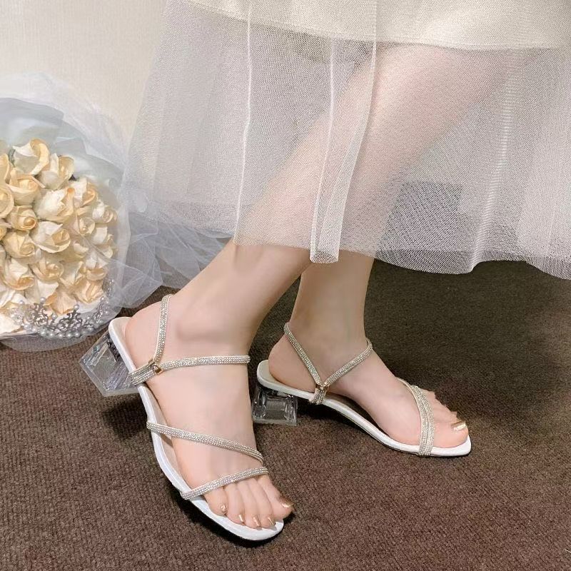 High-heeled Sandals New Two Wear Crystal Thick-heeled Rhinestones Fairy Style Fashion One-word Belt