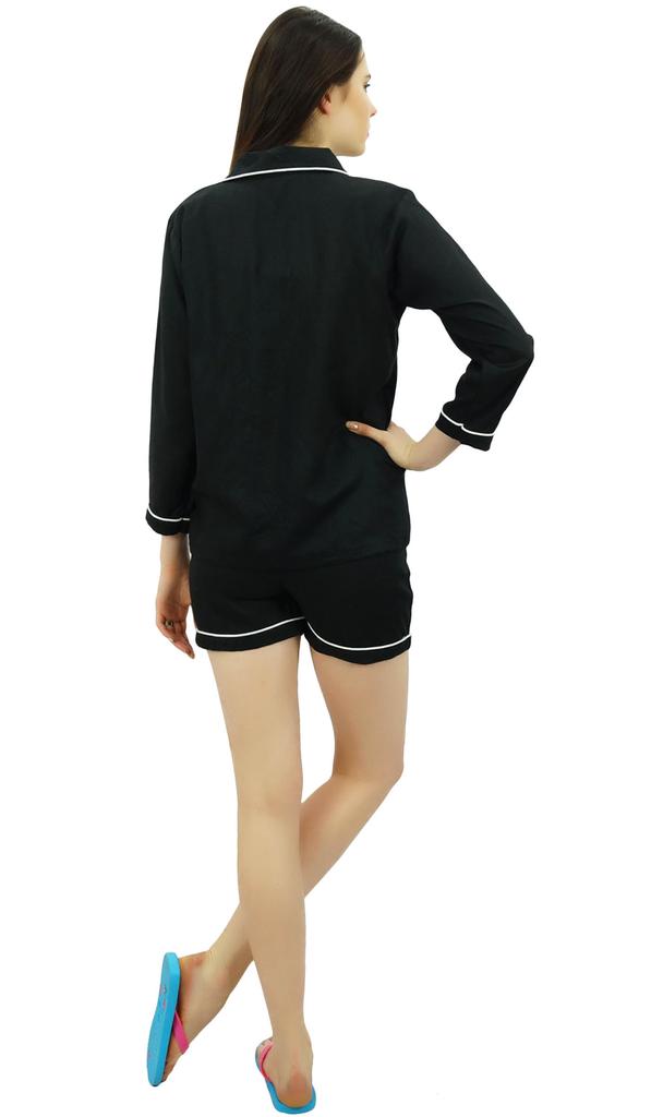 Bimba Button-Down Shirt With Elastic Waist Shorts 2 Pcs Full Sleeve Night Wear