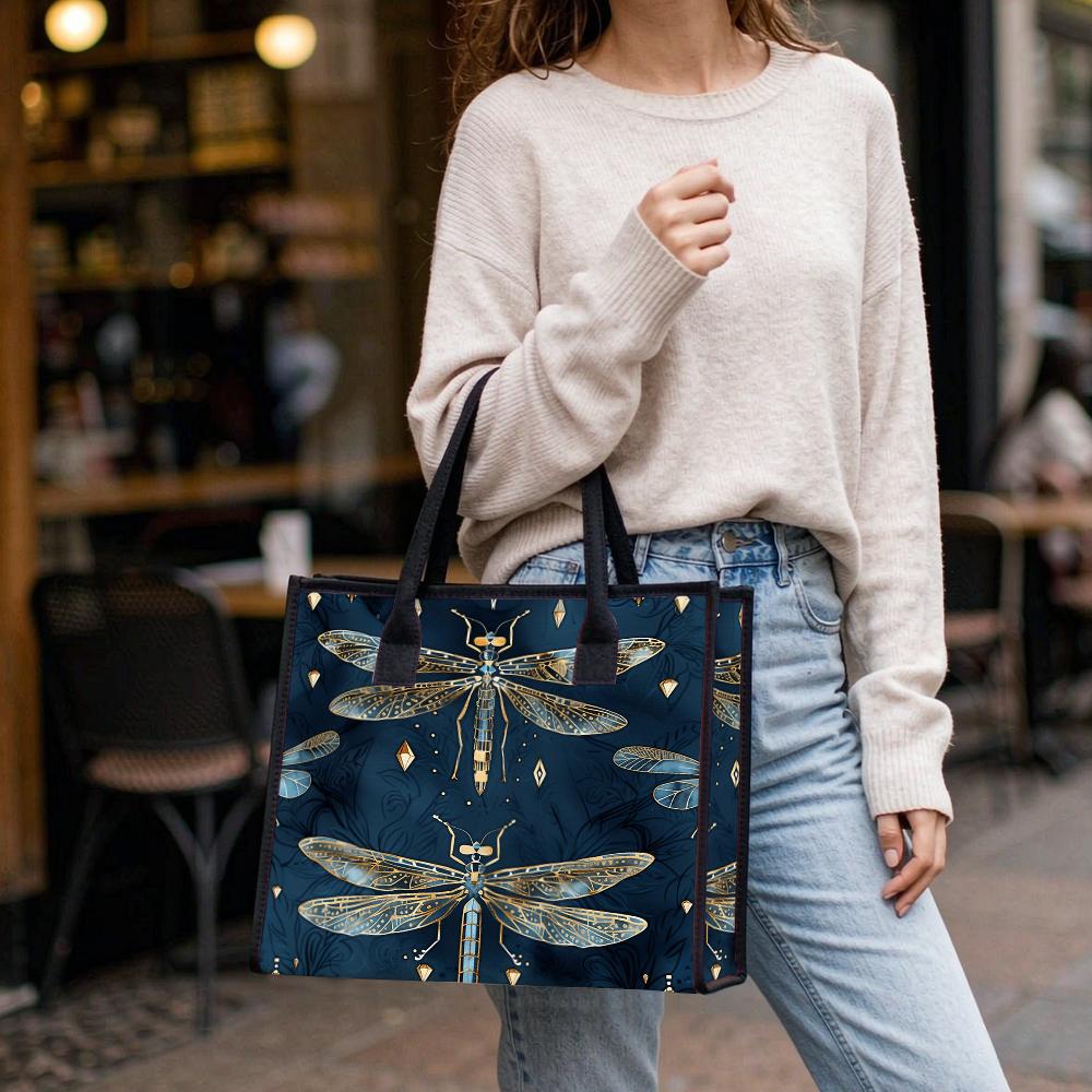 Vintage Dragonfly Print Tote Bag Large Capacity Casual Shoulder Bag for Daily Use Shopping Travel