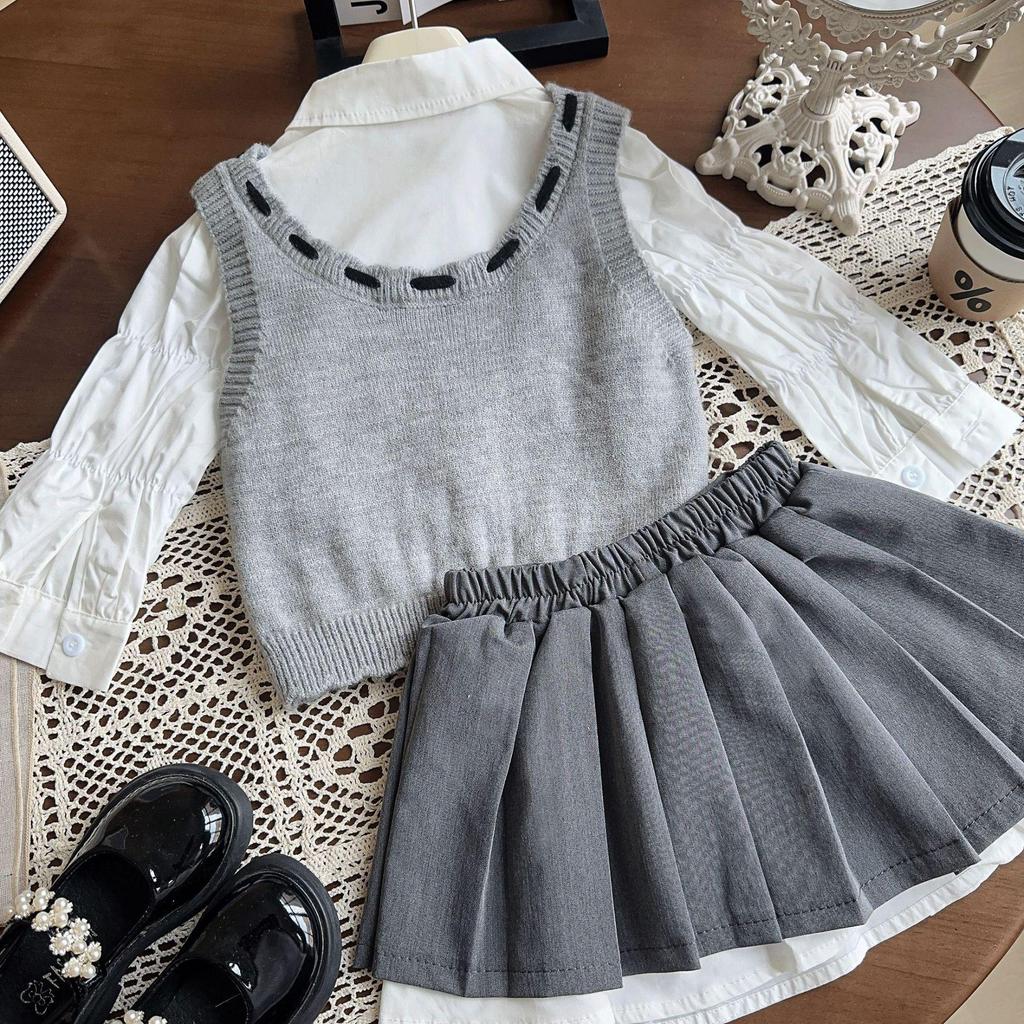 Girls' Autumn Sweater Vest, Shirt & Pleated Skirt Set (AQA063-AQA065)