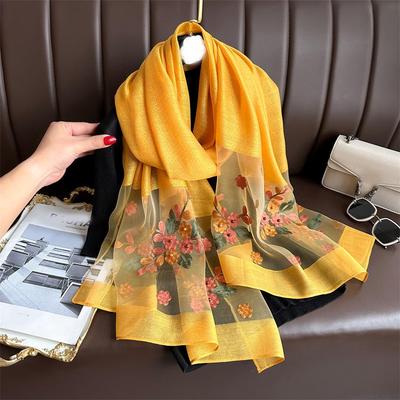 Elegant Silk Wool Embroidered Crabapple Flower Scarf - Double Layer, Thin, Large Shawl, Solid Color, All-Season Accessory.