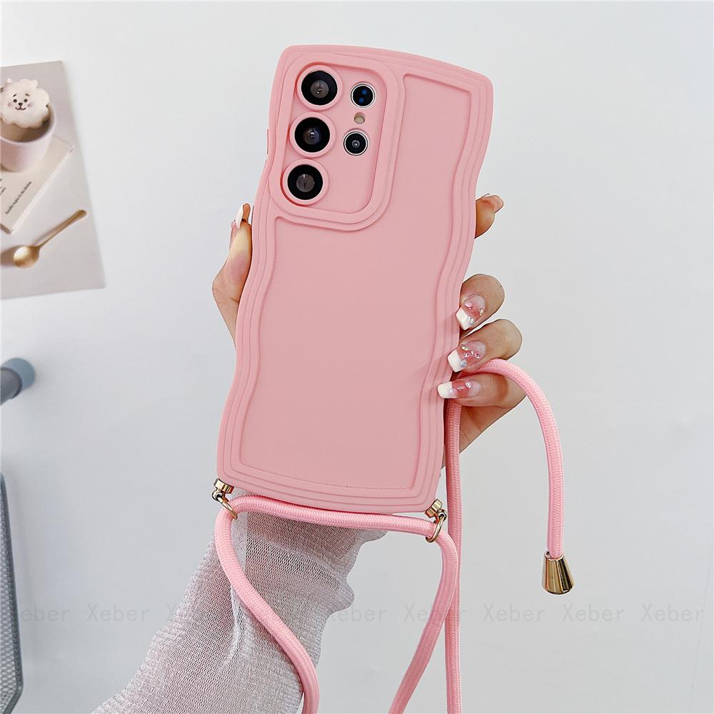 

Милый вьющийся волнистый ожерелье через плечо, шнурок, веревка, силиконовый чехол для Samsung S23 S22 Ultra S21 S20 FE A14 A34 A54 A24 A13 A23 A33 A53 A12 A32 A52 Samsung S20FE розовый