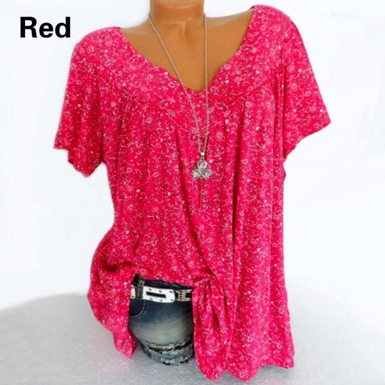 Plus Size Women Summer Casual Loose V Neck Printed Short Sleeve T Shirt Top