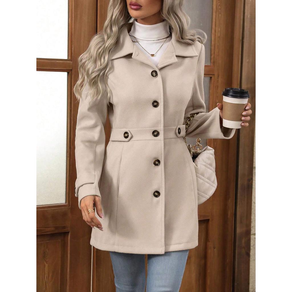 Women's Notched Lapel Wool Blend Coat, Slim Fit Belted Waist Trench with Thermal Lining, Elegant Office Chic Overcoat for Commute With Pockets
