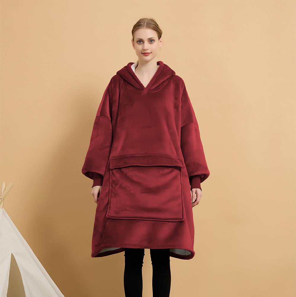 Manufacture Comfortable 100% Polyester Hooded Blanket Flannel Fleece Solid Color Cozy Warm Blanket Hoodie
