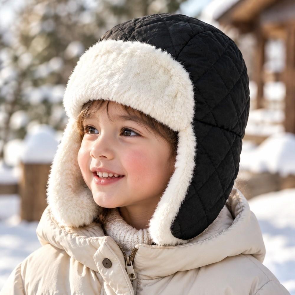 Plush Kids Ski Hat Rhombus Quilted Windproof Earflap Hat Outdoor Activities