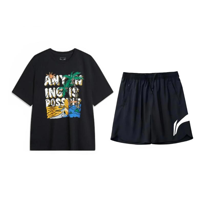 

Li-Ning Letter Print Round Neck Pullover Short Sleeve T-Shirt Fashion Cool Breathable Comfortable Shorts Casual Sports Suit AHSU707-1+YKSV197-2