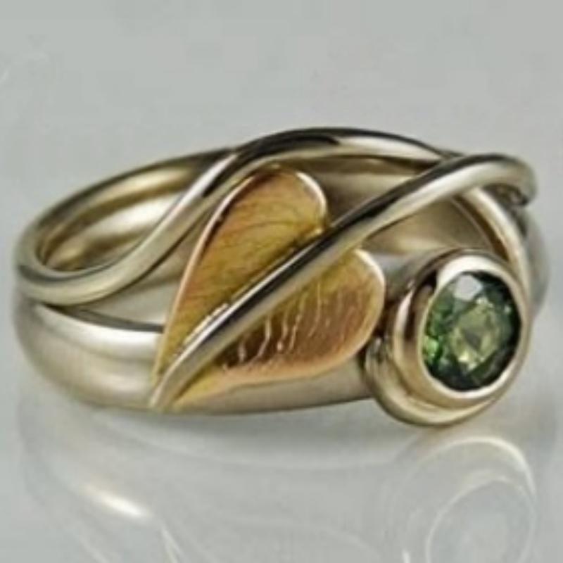 Vintage Inlaid Green CZ Leaf Women's Ring Trendy Two Color Geometry Daily Wear Party Jewelry Anniversary Gift