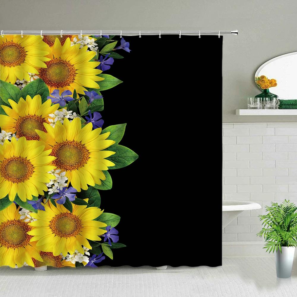 Sunflower Flower Bee Wood Grain Plant Scenery Bathroom Shower Curtain Cactus Butterfly Floral Landscape Bath Curtains With Hooks