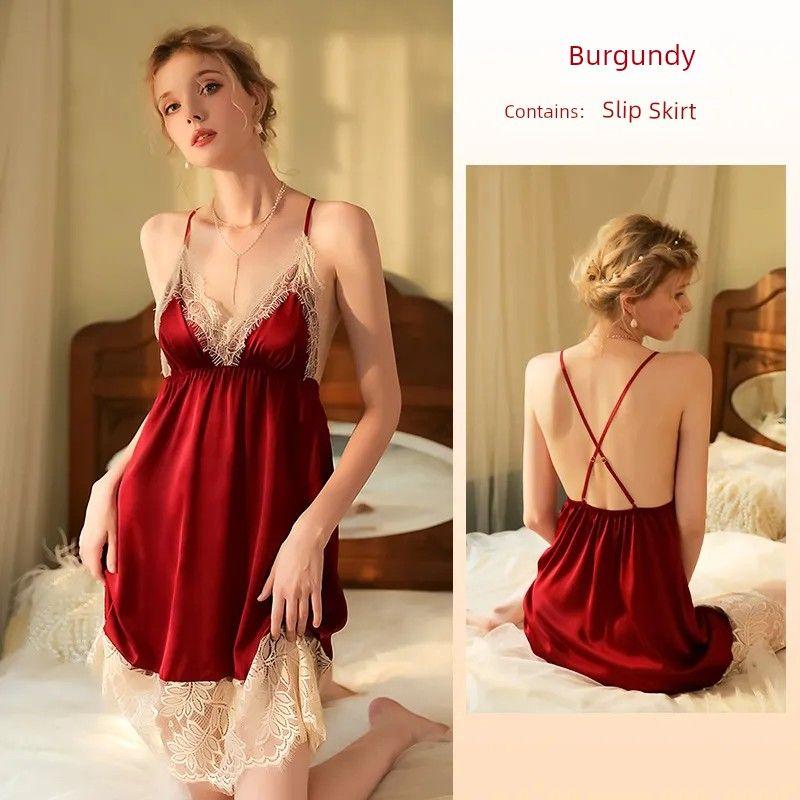 

New Sexy Seduction Lace Ice Silk Nightdress/Slim Fit Backless Deep V Suspender Dress/Private Room Date Sexy Skirt Burgundy L