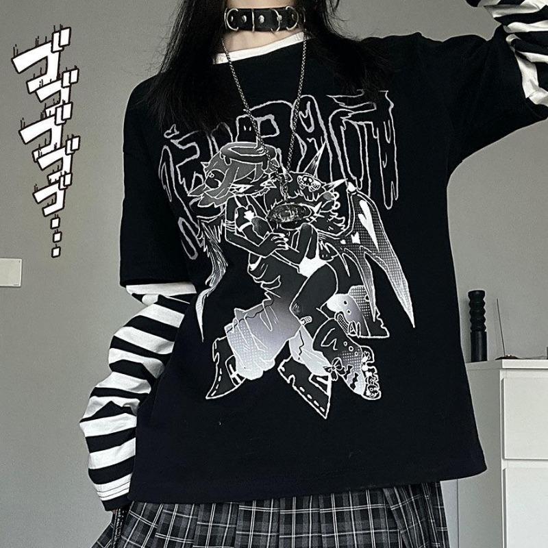 2KWEIRD Harajuku Woman Tshirts Shirts for Women Japanese Tees Ropa Mujer Patchwork Striped Casual Punk Y2k T-Shirt Oversized Tops