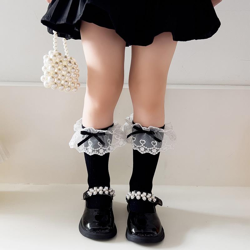 Children's Socks Summer Lolita Wooden Ear Mesh Ribbon Large Bow Mid-tube Socks for Girls