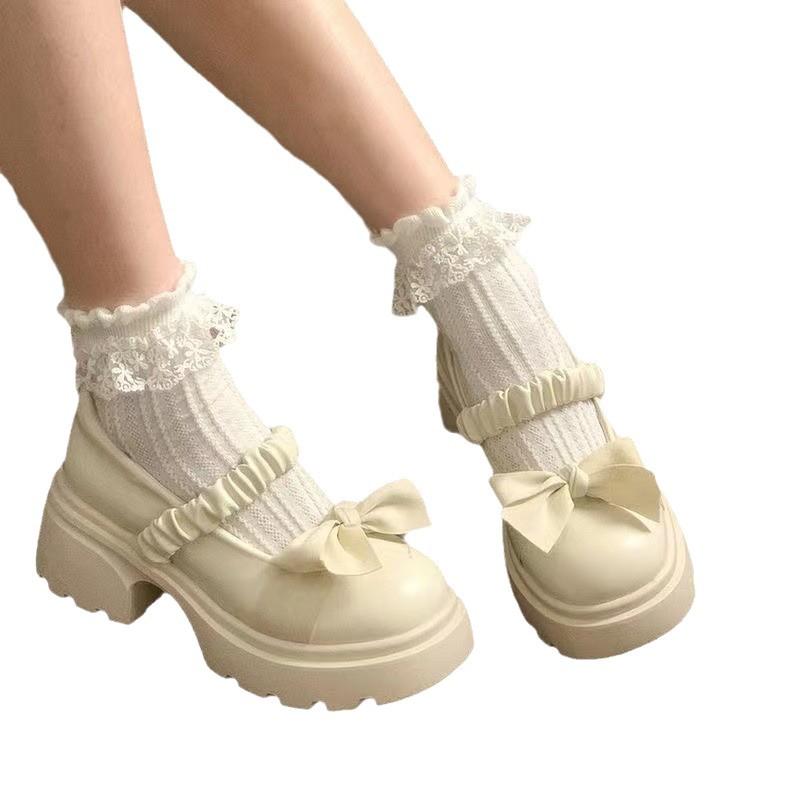 Damen Mary Jane Schuhe mit Schleife Dicke Sohle Hoher Absatz Lederschuhe Vielseitig Elastisch Bequem Vielseitig