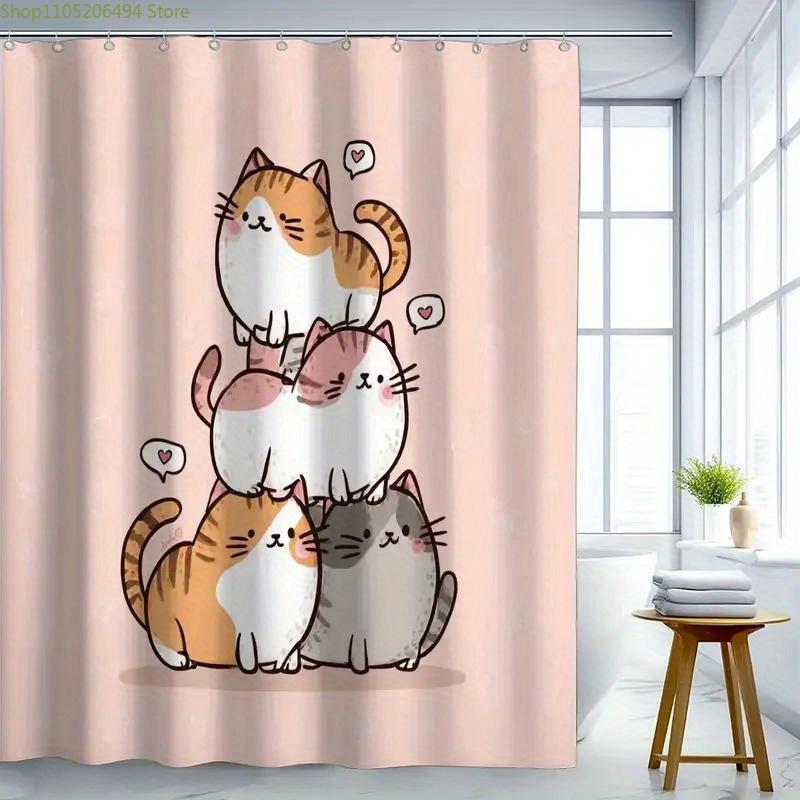 1pc Cute Cat Bathroom Shower Curtain, Cozy Family Theme Valentine's Day Decor with 12 Hooks, 180x180cm Home Window Partition W