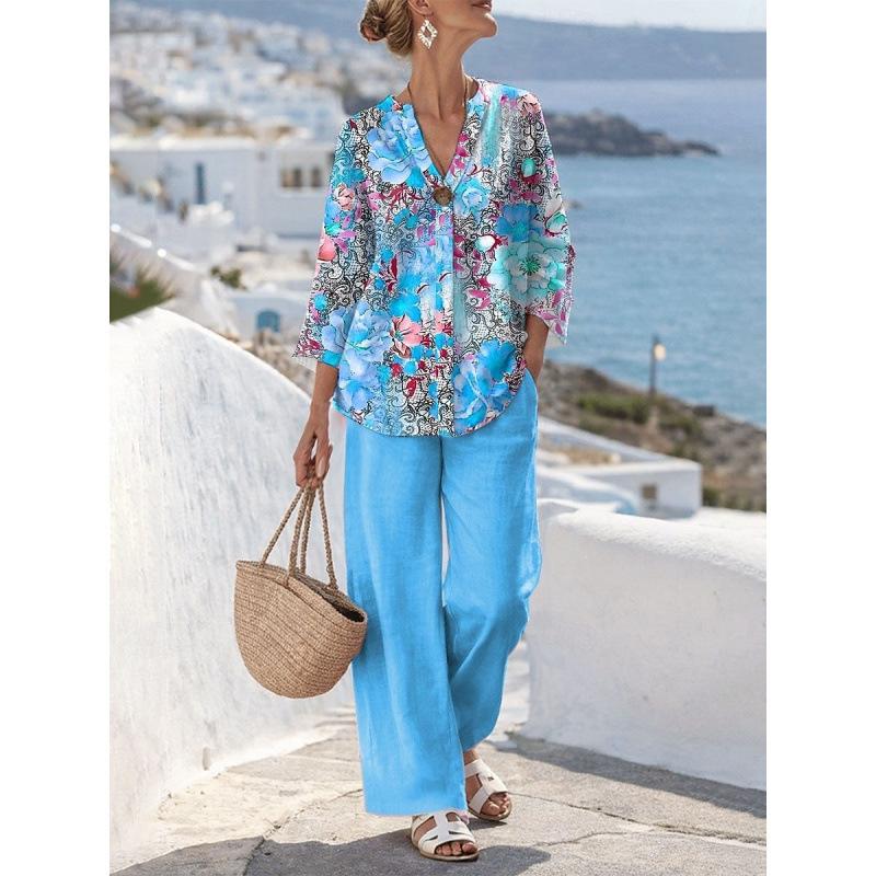 New European and American style sleeveless digital printing wide-leg pants set women's summer casual fashion two-piece set trendy