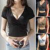 Dámské triko s hlubokým výstřihem do V krátkým rukávem Tričko s odhaleným pupíkem Slim Fit Jednobarevné topy Lehké strečové topy