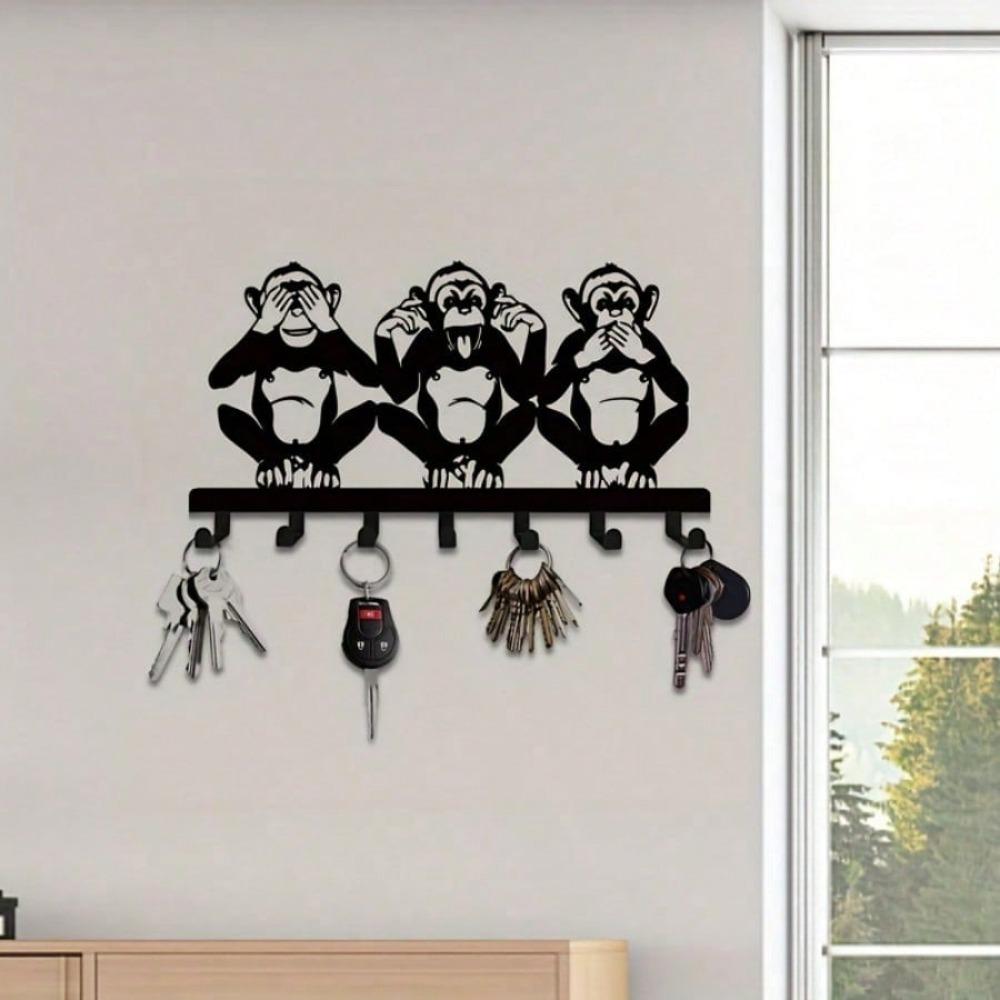 1 PC Charming Three Monkeys Metal Wall Art With Key Hooks - Effortless Installation, Perfect For Hanging Jackets, Hats