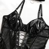 European & American Nightclub Hot Girl PU Leather Mesh Lace-up Backless Bodysuit