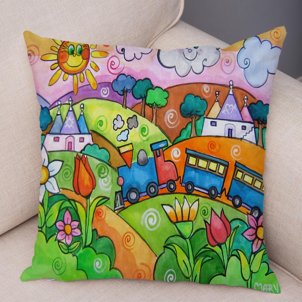 Children Oil Painting Art Cushion Cover Both Sides Plush Pillow Case Decor Cartoon Plant Throw Pillowcase for Sofa Home Car
