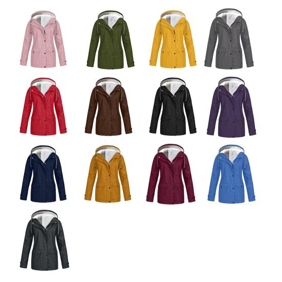 Dame Vinterkåpe Fleecefôret Hette Trykknapp Glidelåslukking Yttertøy Middels Lengde Pluss Størrelse Ensfarget Parka med Lommer Varm Dunjakke